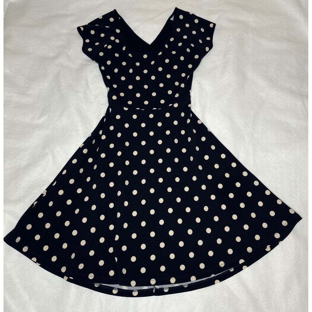 Polka Dot Dress Women Size M Navy Blue Skater Cutout Back Good - Picture 2 of 7